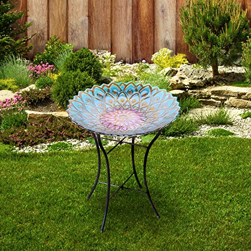 Teamson Home Handpainted Mosaic Flower Fusion Glass Pedestal Bird Bath for Outdoor Patio Garden Backyard Decking Décor, 21 inch Height, Blue and Purple - Thumbnail 3