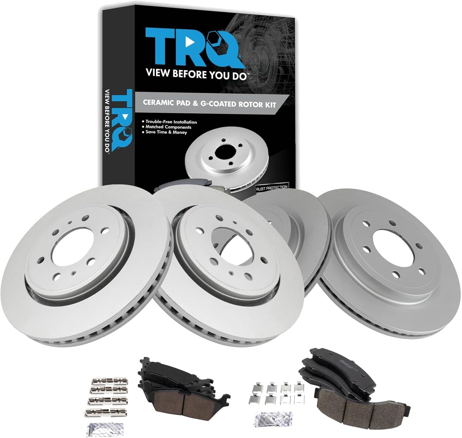 TRQ Front and Rear Ceramic Brake Pad and G-Coated Rotor Kit