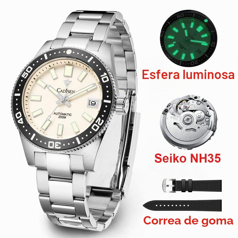 CADISEN Reloj automático para hombre con reserva de marcha mecánico resistente al agua NH35 relojes hombres, 8207 Blanco, Pulsera