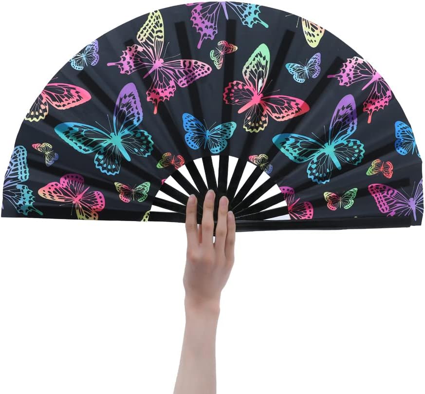 HeyToo Women/Men Large UV Glow Rave Handheld Fan for Drag Queen Cosplay EDM Club Party Music Festival Dance Decoration Hot wheel