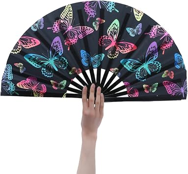 HeyToo النساء / الرجال كبيرة UV Glow Rave مروحة يدوية لسحب الملكة تأثيري EDM Club Party Music Festival Dance Decoration Butterfly   