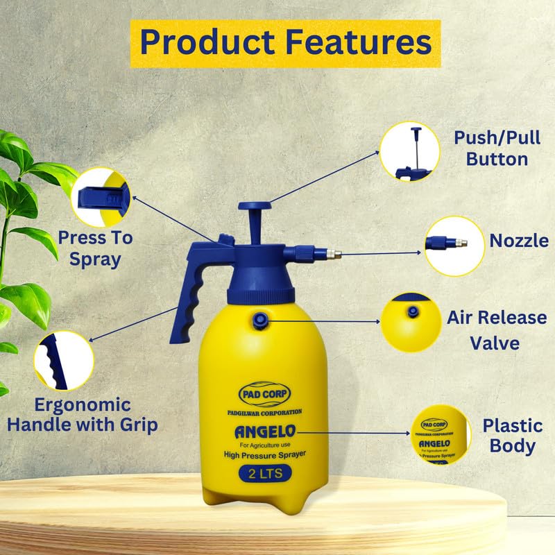 PAD CORP Angelo High Pressure Spray Pump 2 Liter | Strong And Sturdy Plastic Spray Pump For Gardening | Hand Powered Sprayer For Garden Plants | Pressure Sprayer For Home Gardening | Easy Use Spray Pump, Yellow And Black