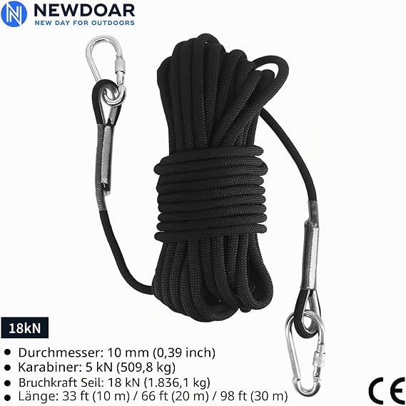 NewDoar 18KN Static Climbing Rope 10 mm (3/8 Inch) Accessory Cable Equipment 33 Feet (10 m) 66 Feet (20 m) 98 Feet (30 m) 165 Feet (50 m) Escape Rope Ice Climbing Equipment Fire Rescue Rope Black/20 m