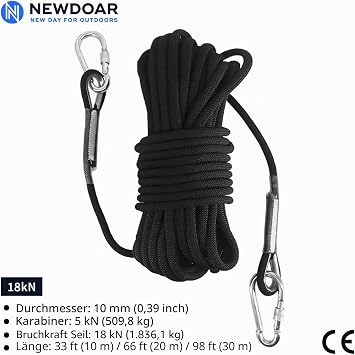 NewDoar 18KN Static Climbing Rope 10 mm (3/8 Inch) Accessory Cable Equipment 33 Feet (10 m) 66 Feet (20 m) 98 Feet (30 m) 165 Feet (50 m) Escape Rope Ice Climbing Equipment Fire Rescue Rope Black/20 m