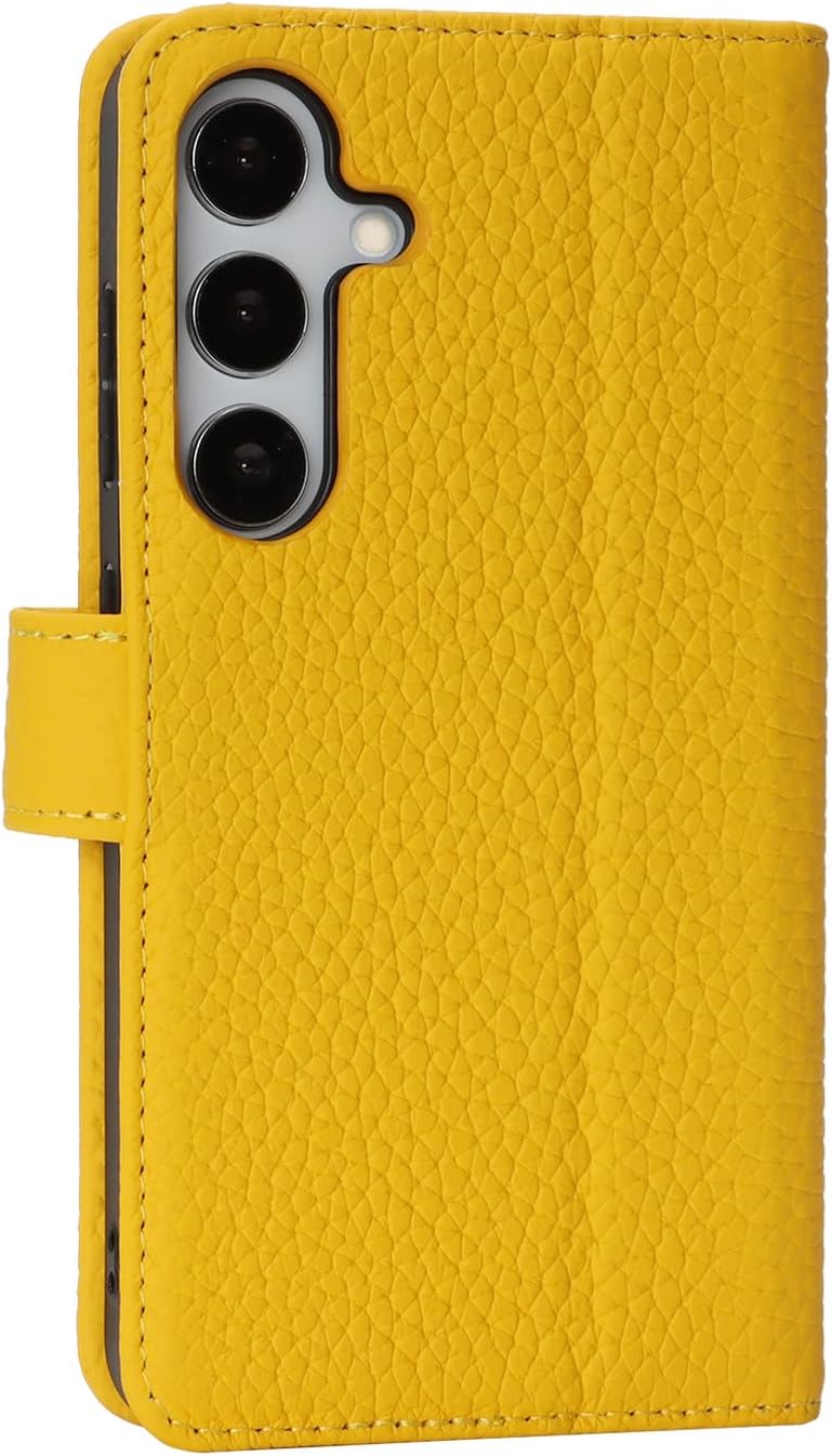 Zouzt Case for Samsung Galaxy S25 6.2" Genuine Leather Wallet Case with 4 Card Slot, RFID Blocking Card Holder Magnetic Flip Folio Kickstand Shockproof Phone Cover Women Men - Yellow
