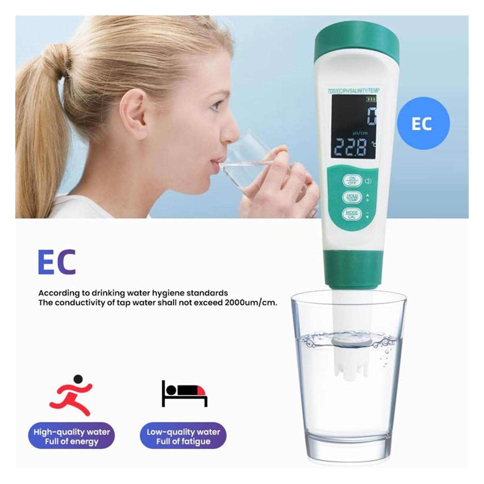 Tester for Acqua 5 in 1, for Sale da Piscina, Misuratore di PH/EC/TDS/Sale/Temperatura Ad Alta Precisione, Analizzatore for Potabile E Acquari Rilevamento Rapido E Preciso