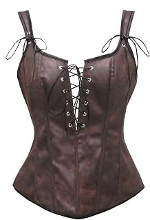 Bslingerie Damen Korsett aus Kunstleder, Steampunk-Stil, bauchfrei, Schwarz / Dunkelbraun