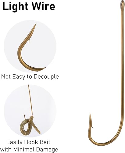 Miniatura 4 de Dr.Fish Paquete de 100 ganchos de pesca Aberdeen de caña extra larga de bronce con alambre de luz de acero de alto carbono, anzuelos de cebo vivo,