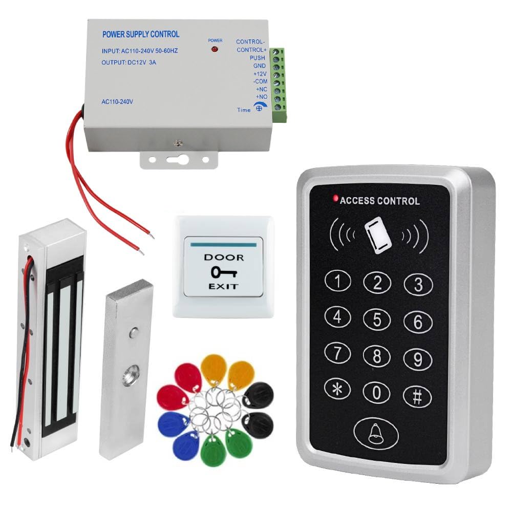 Access Control Complete Kit, Standalone Keypad, 180kg Fail-Safe Magnetic Lock, 12V 3A Power Supply, Exit Button, 10 ID Key Fobs, 1000 Users