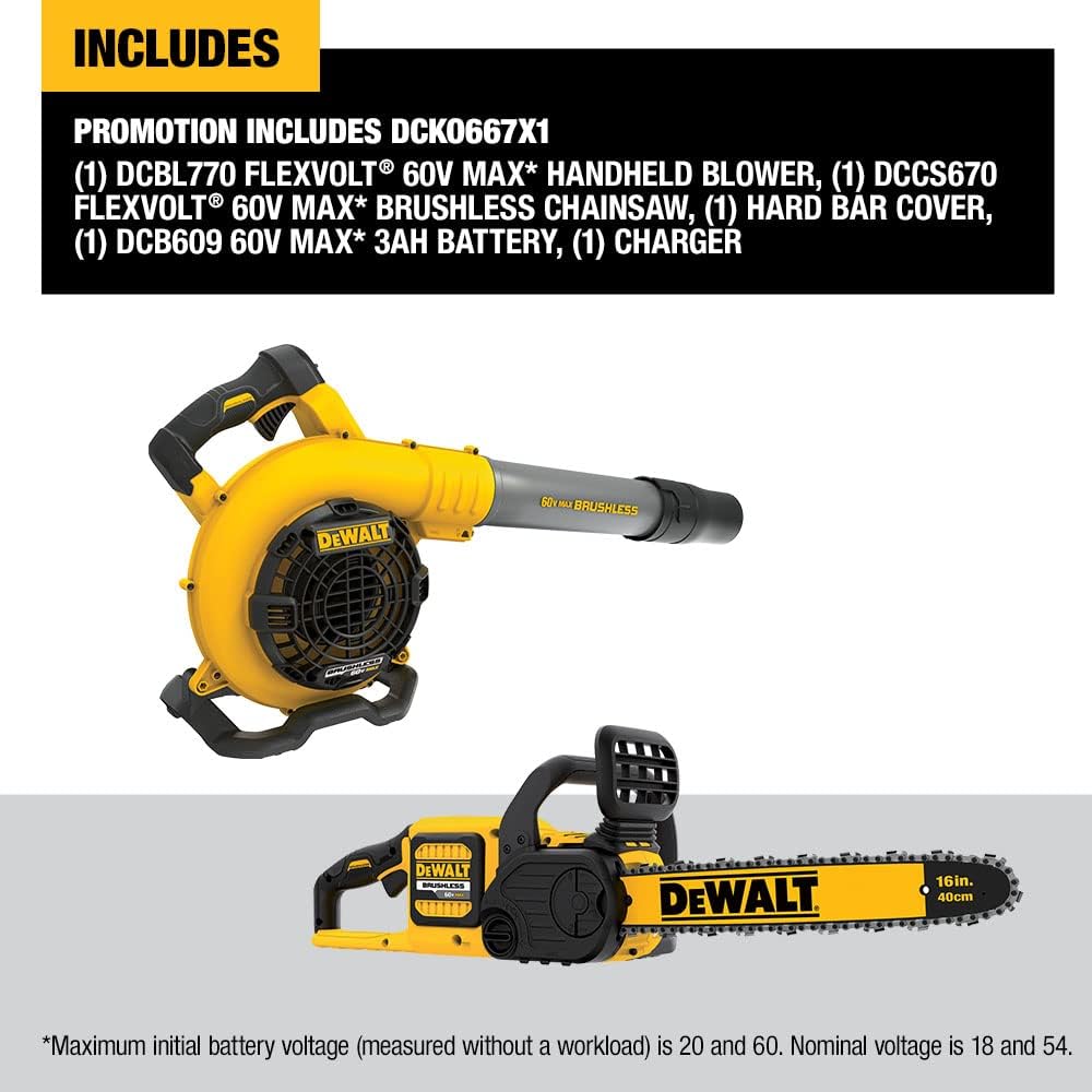 DEWALT 60V MAX Chainsaw & Leaf Blower Kit, Cordless, FLEXVOLT Battery & Charger Included (DCKO667X1)