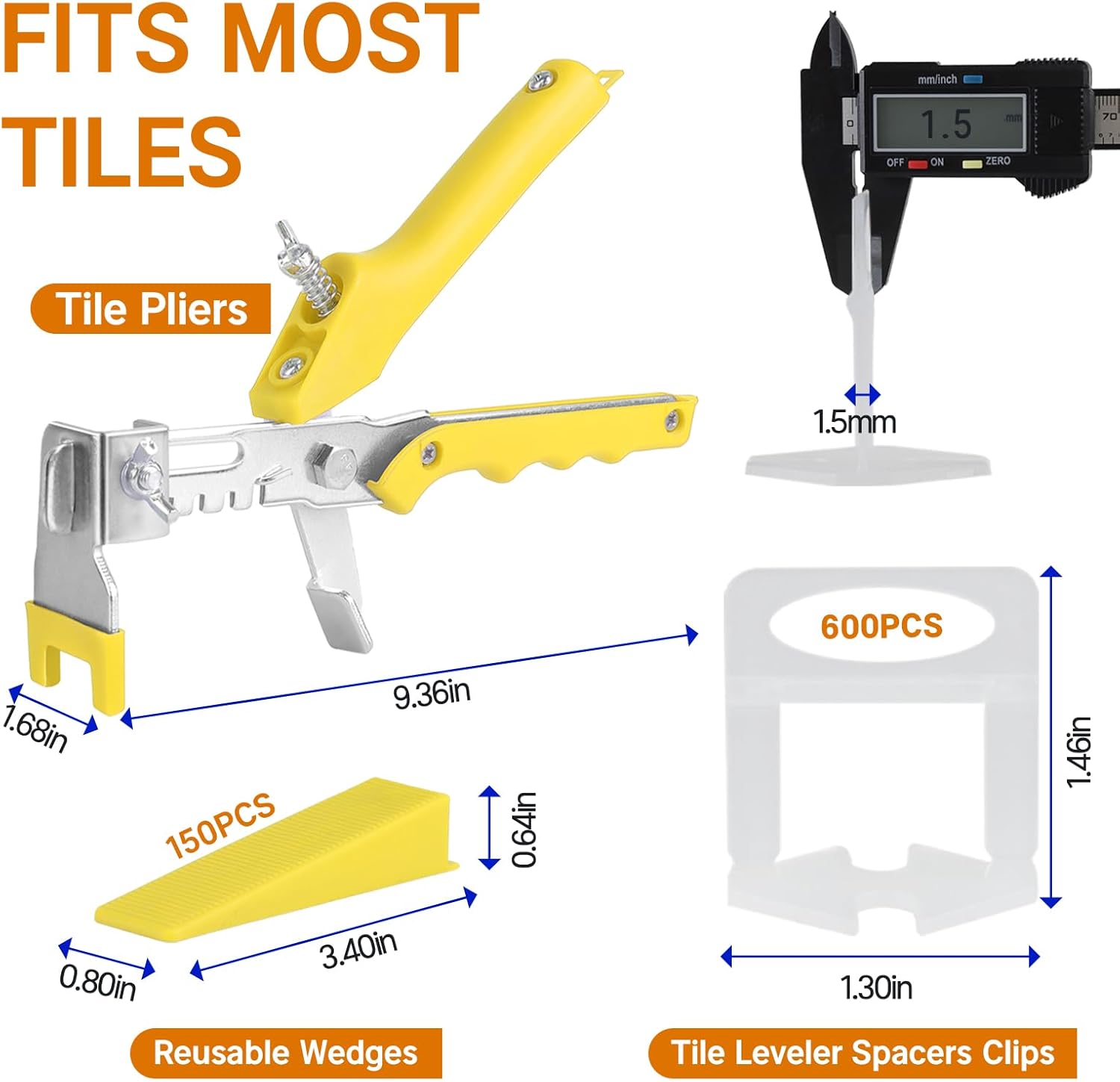 Tile Leveling System Kit, 600pcs Tile Leveler Spacers Clips+150pcs Reusable Wedges+1pc Tile Pliers for Wall/Floor Tile Adjustment, Leveling Tile System for Ceramic Tile(Yellow, 1/16”-1.5mm)