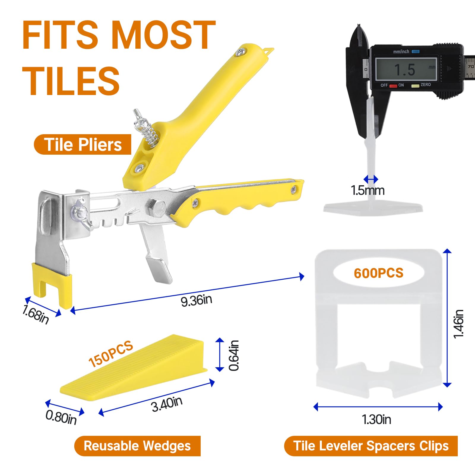 Kit de sistema de nivelación de azulejos, 600 clips espaciadores niveladores de azulejos + 150 cuñas reutilizables + 1 alicates de azulejos para ajuste de azulejos de pared/suelo, sistema de