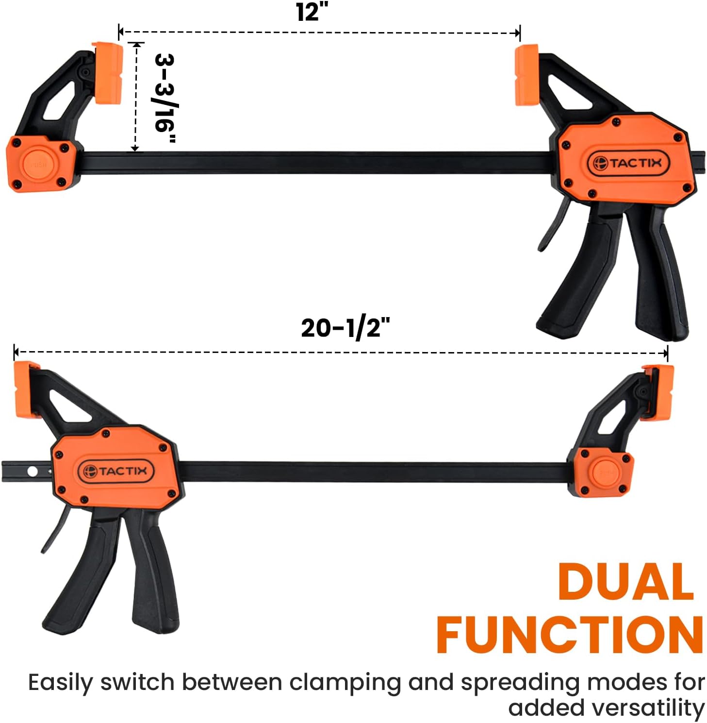 TACTIX 12" Bar Clamps for Woodworking, 2-Pack 300lbs One-Handed Spreader/Clamp, Quick-Clamp Wood Clamps Set for Hand Wood Working, Carpentry, and DIY Projects