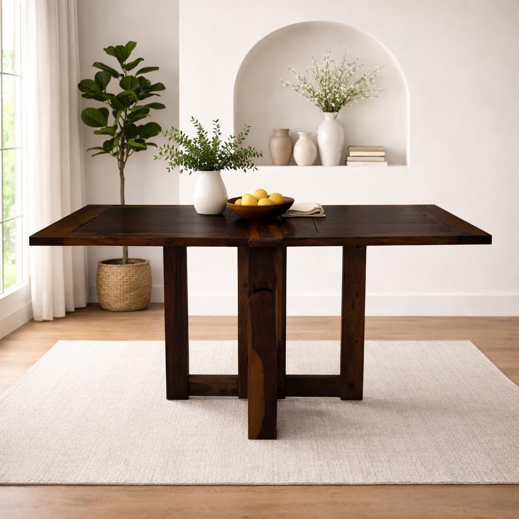 Angel Furniture Solid Sheesham Wood Foldable Dining Table Compact Design (Plain Top, Walnut Finish)
