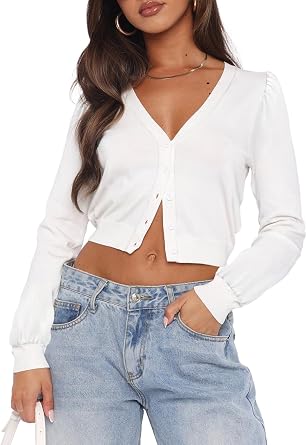 Ezbelle Cardigan Sweater Womens V Neck Tops Knit Crop Button Shirt Puff Sleeve Open Front Summer Sweaters