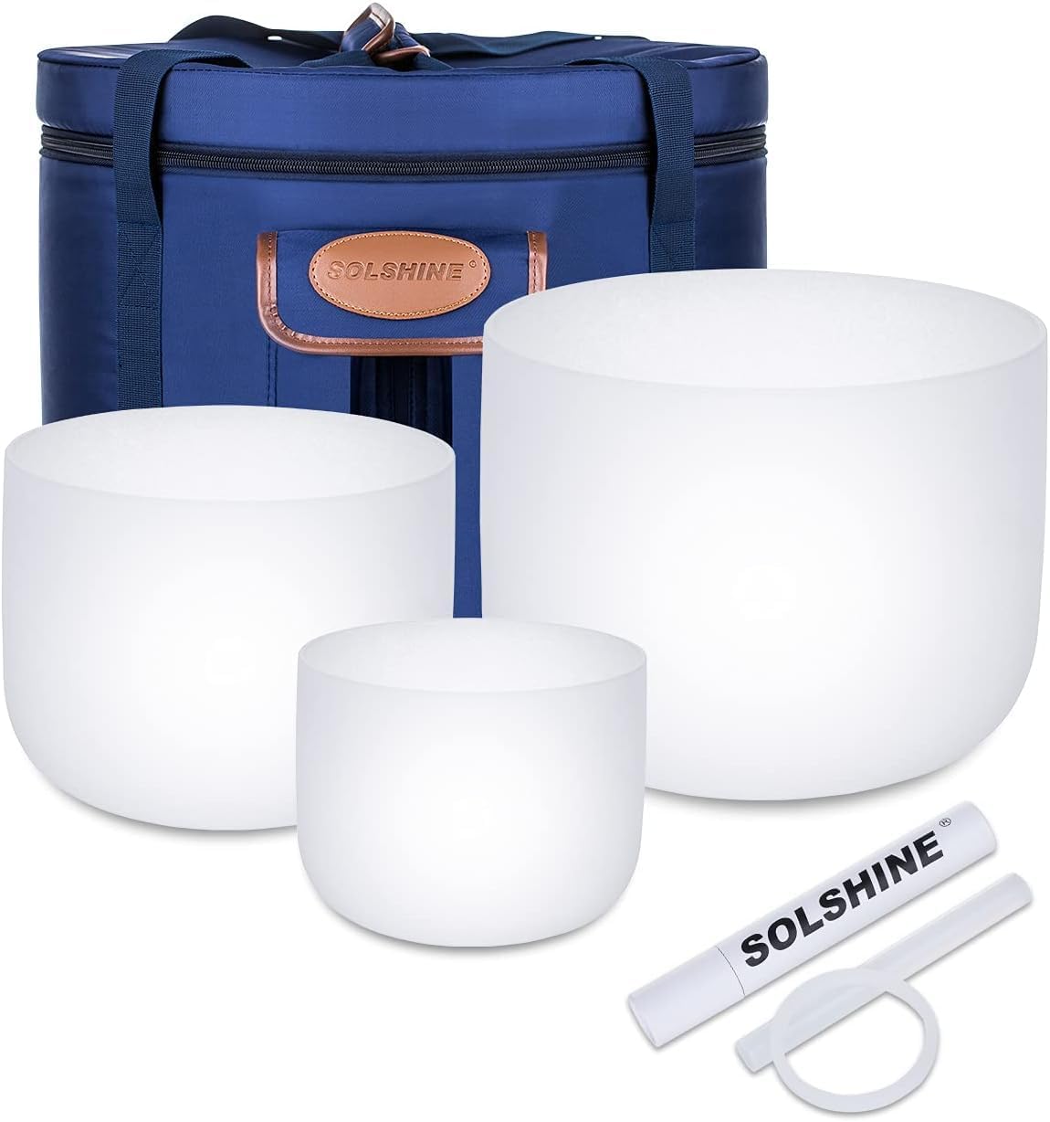 432HZ 7inch 8inch 9Inch Set Of 3 Pcs Quartz Crystal Singing Bowls Set with Thick Carrying Case Bag, Resonance Striker, O-ring, Chakra Sound Bowl for Spiritual Healing, Mindfulness, Meditation, Yoga