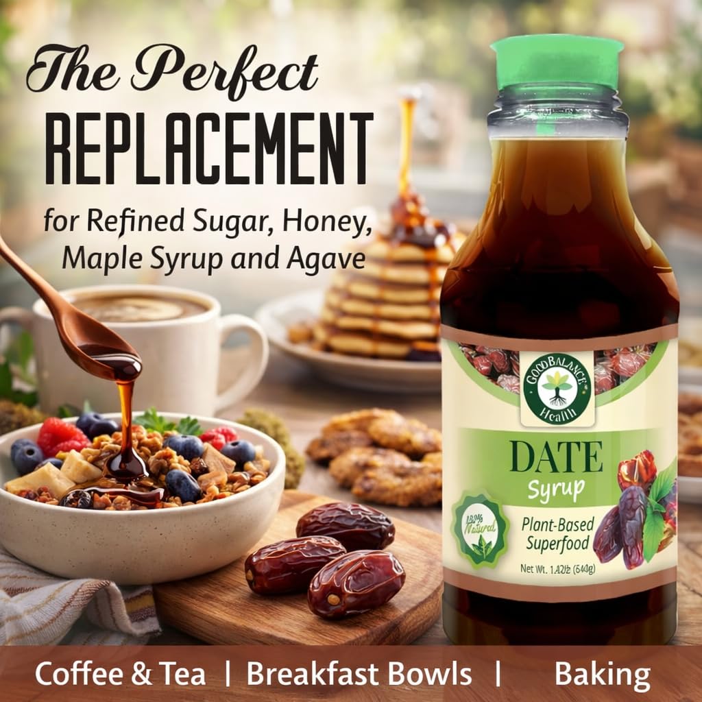 Good Balance Health Organic Date Syrup Sweetener, Natural Sugar Alternative for Coffee, Tea, Baking and Cooking, Vegan Paleo Gluten Free, Kosher, 22.5 oz Squeeze Bottle