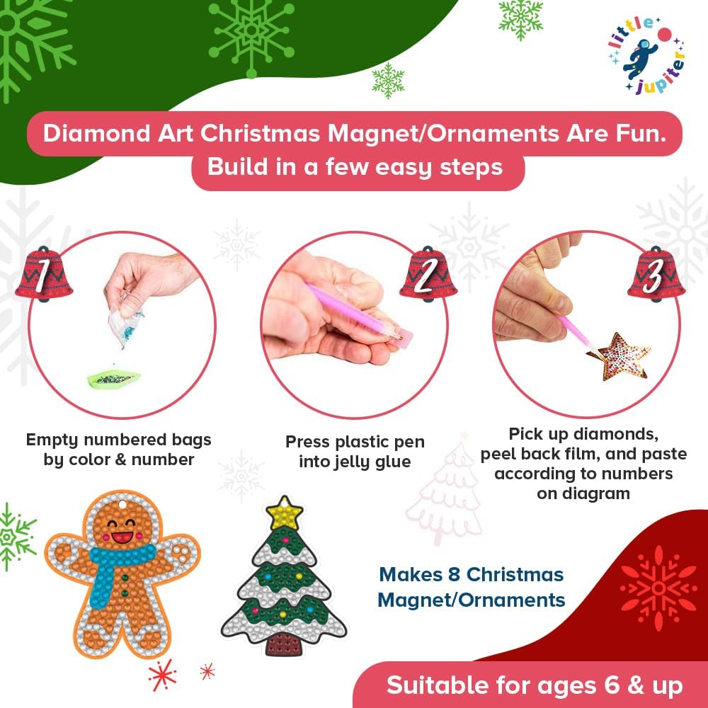 Little Jupiter DIY Magnet & Diamond Art Christmas Ornaments for Kids Set - Makes 8pcs - 2 Pack- Christmas Crafts - Diamond Art Kits for Kids - Christmas Ornament Kits