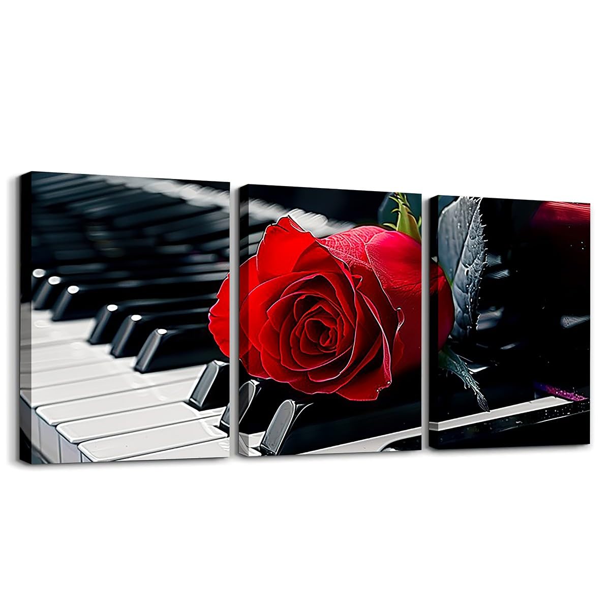 Black and White Music Canvas Wall Art for Bedroom Living room,Piano Keyboard Pictures Wall Decor for Home Office,Red Rose Flower Posters Prints Aesthetic Decorations for Wall