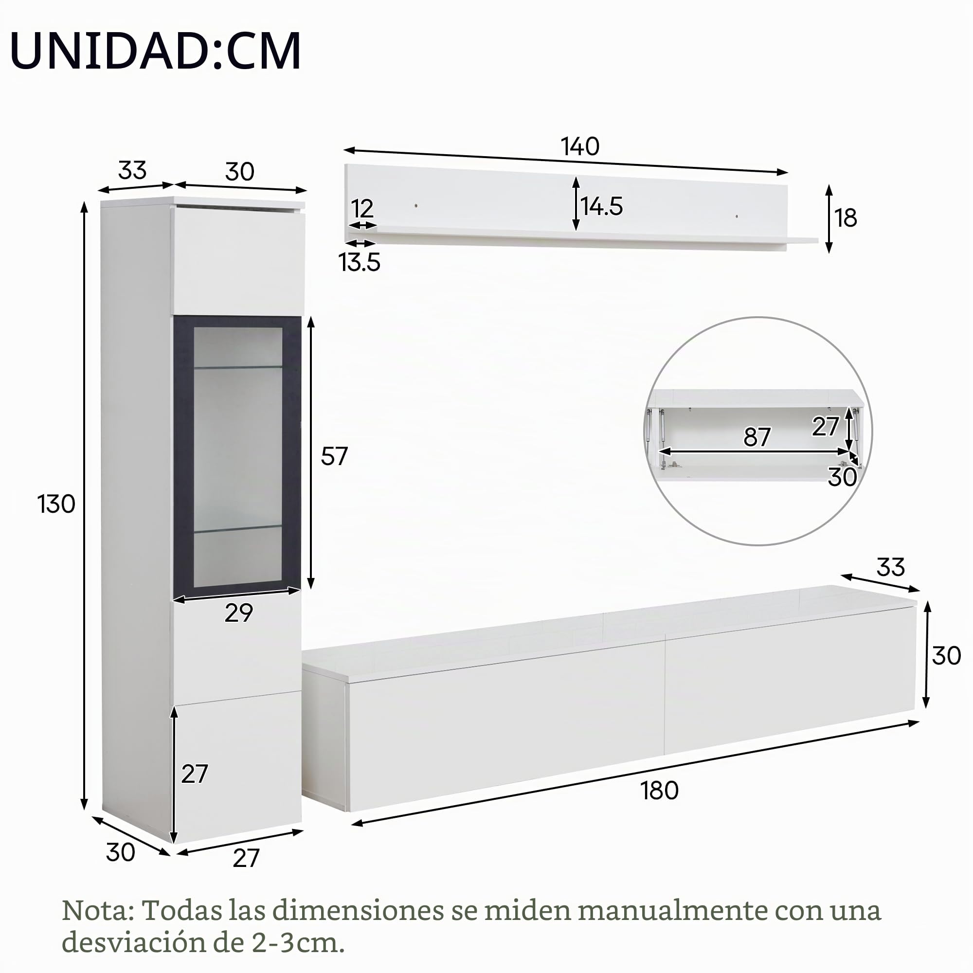 Juego de 3 muebles para salón, TV, iluminación LED, color blanco brillante, 1 armario, 1 estante colgante, 1 vitrina