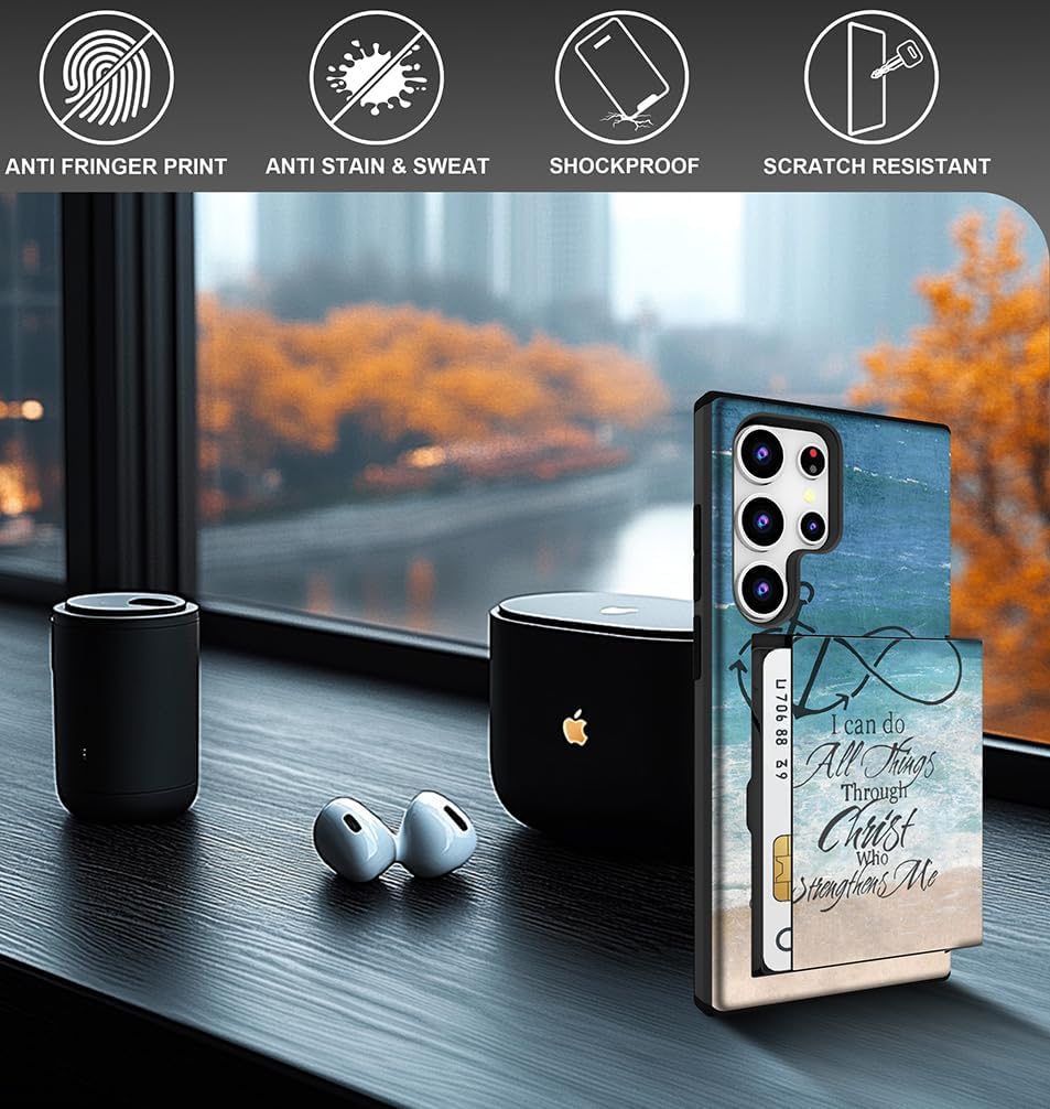 Compatible for Samsung Galaxy S25 Ultra Case with Card Holder Cute - Kawaii Design Military-Grade Drop Protection Rugged Wallet Cases for Women (Black Bible Christian Verses) - Image 4