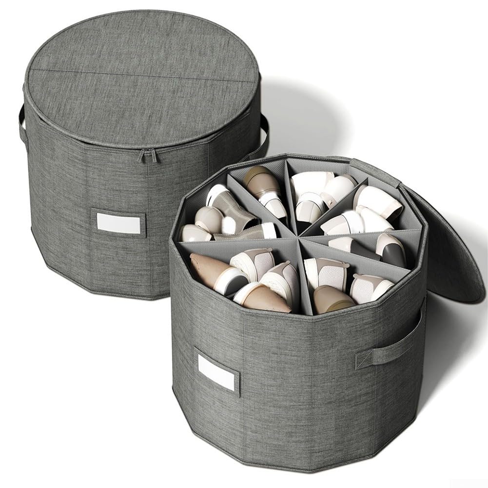 Organizer per scarpe rotondo – Scatola per scarpe cilindrica pieghevole con 8 scomparti, robusta fino a 40 kg, salvaspazio per scarpe da ginnastica e stivali, in poliestere, grigio, 33,5 x 36 cm, per