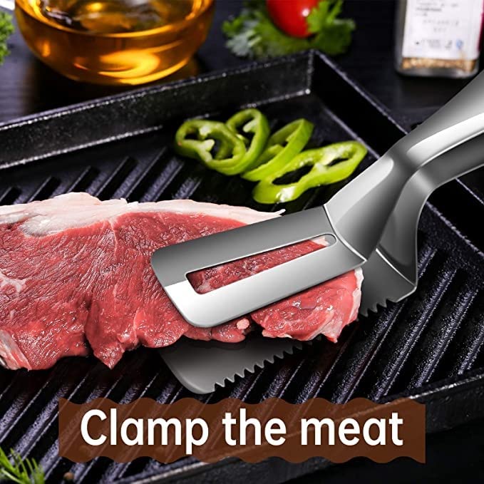 Pinzas de Cocina, 2 Piezas de Acero Inoxidable, Pinzas para espátula, Pinzas para Carne, espátula Doble ranurada, Pinzas para Voltear Alimentos, Pinzas con Dientes, Pinzas para Barbacoa