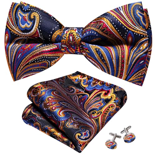 Image of Barry.Wang Paisley Striped Bow Tie for Men Silk Pre-Tied Bowtie Pocket Square Cufflinks Set Formal Wedding Party Prom