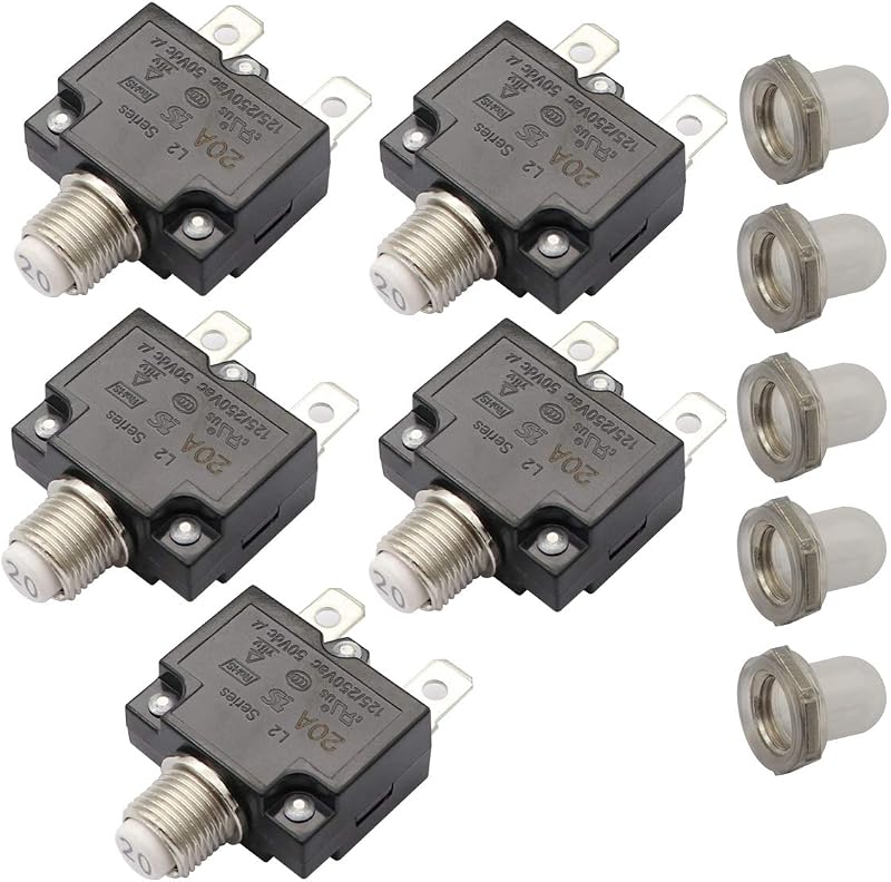 Disjuntor térmico com reset por botão T Tocas L2 Series 20 A 125–250 V AC/50 V DC – Kit com 5 unidades