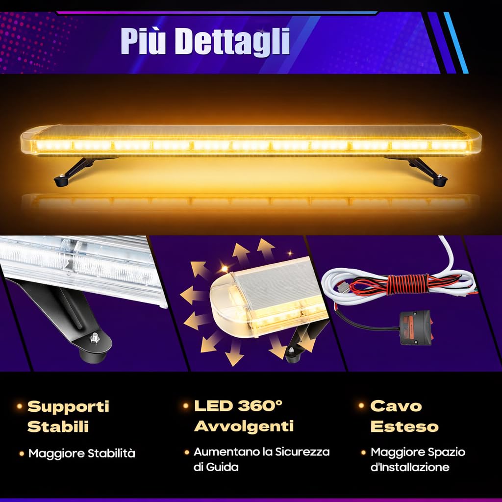 Barra di segnalazione a LED, 1310 mm, fascio luminoso 96 W, AC12-24 V, luce di segnalazione, luce lampeggiante di emergenza, per camion, tetto, colore giallo