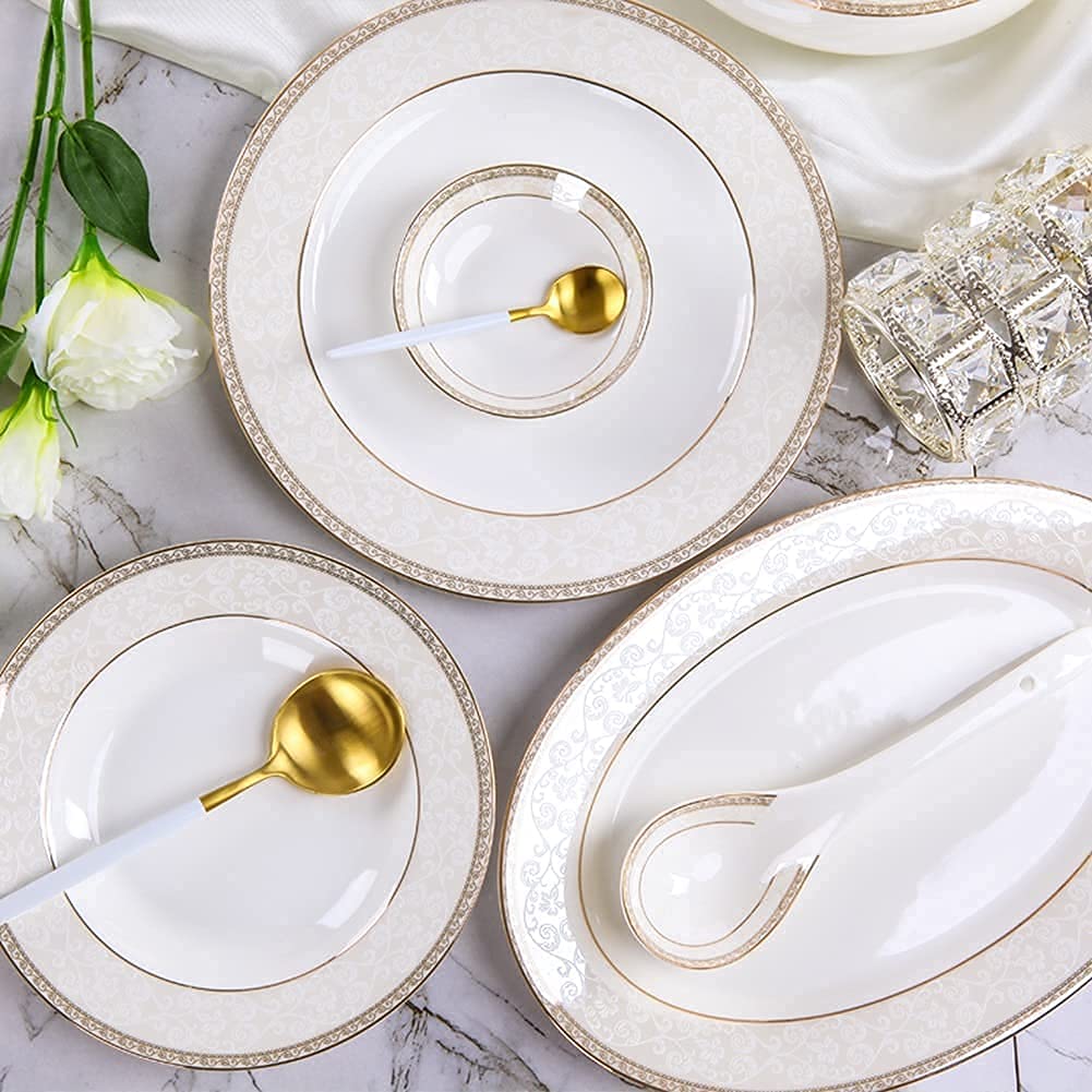 H3TF5J Luksusowe ceramiczne zastawy stołowe, wytłoczone złoto w stylu europejskim, 56 sztuk mikrofalowych i zmywarki do zmywarki, zastawa stołowa na imprezie rodzinnej