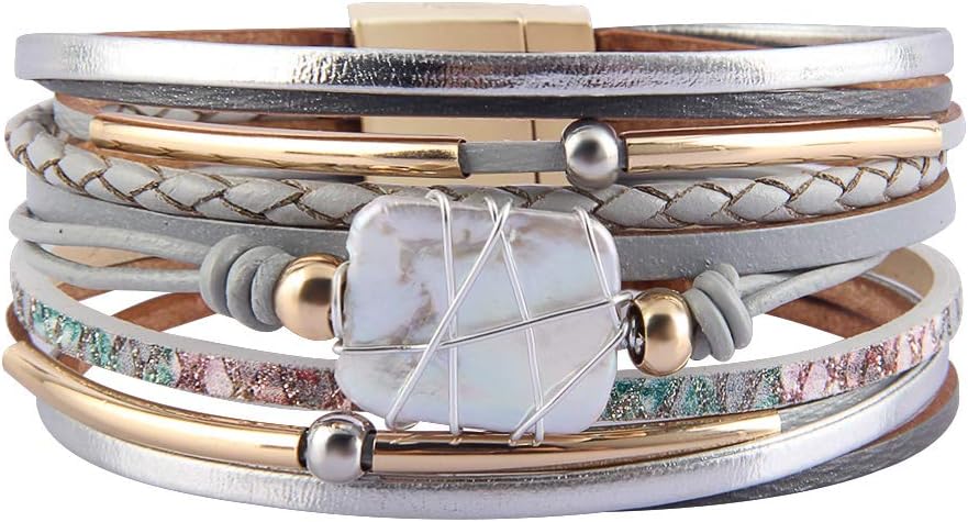 GelConnie Leather Cuff Bracelet Baroque Pearl Wrap Bracelet Gorgeous Gold Tube Bangle Boho Bracelet Bohemian Wristband Jewelry Gift for Women Wife
