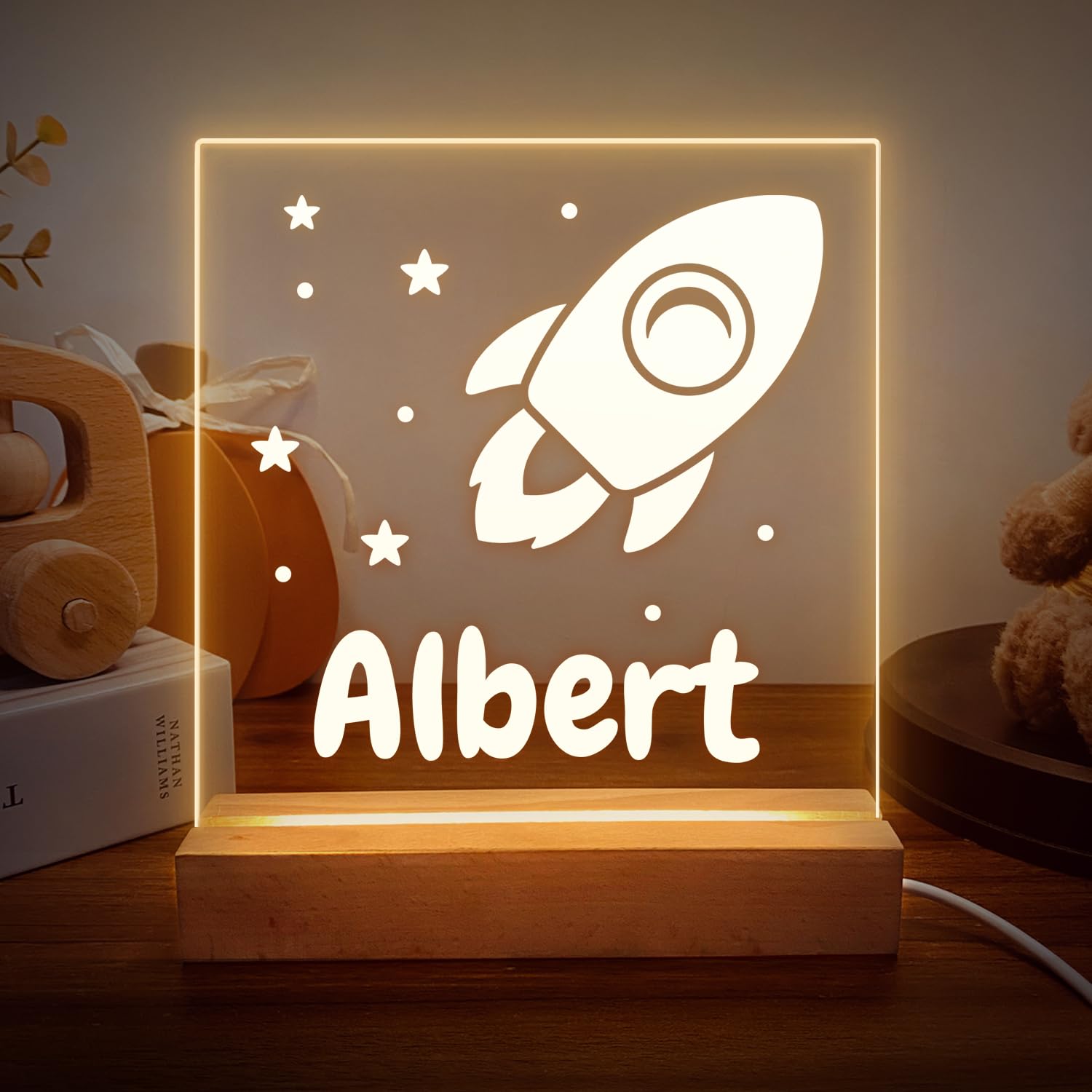 Wucidici Custom Kids Space Ship Night Light with Name Personalized Stars Night Lamp for Table Light Girl Boy Birthday Gift