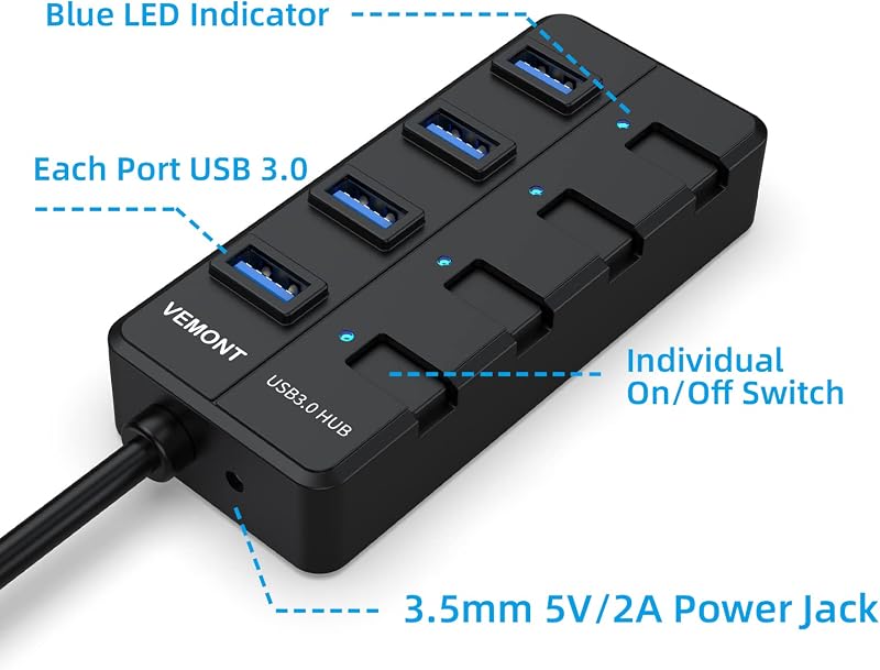 VEMONT USB 3.0 Hub 4 Port Aktív Adapter Tápegységgel és Kapcsolóval