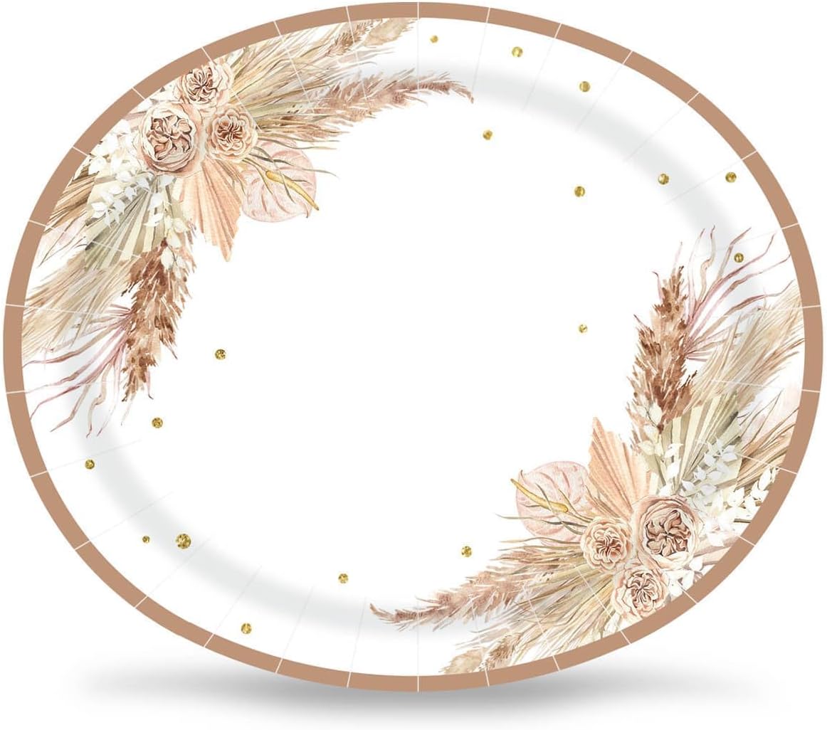 50PCS Boho Party Oval Paper Plates Large 10'' x 12'' Disposable Bohemian Party Platters, Pampas Grass Floral Design Heavy Duty Dish Tray for Baby Shower Birthday Wedding Event