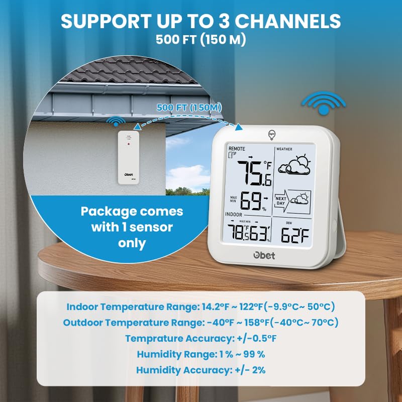 Indoor Outdoor Thermometer Wireless Weather Station, Battery Powered Inside Outside Thermometers Hygrometer Monitor with Backlight, Max/Min Record, Dew Point, Heat Index, Pressure (500 Feet) - Image 4