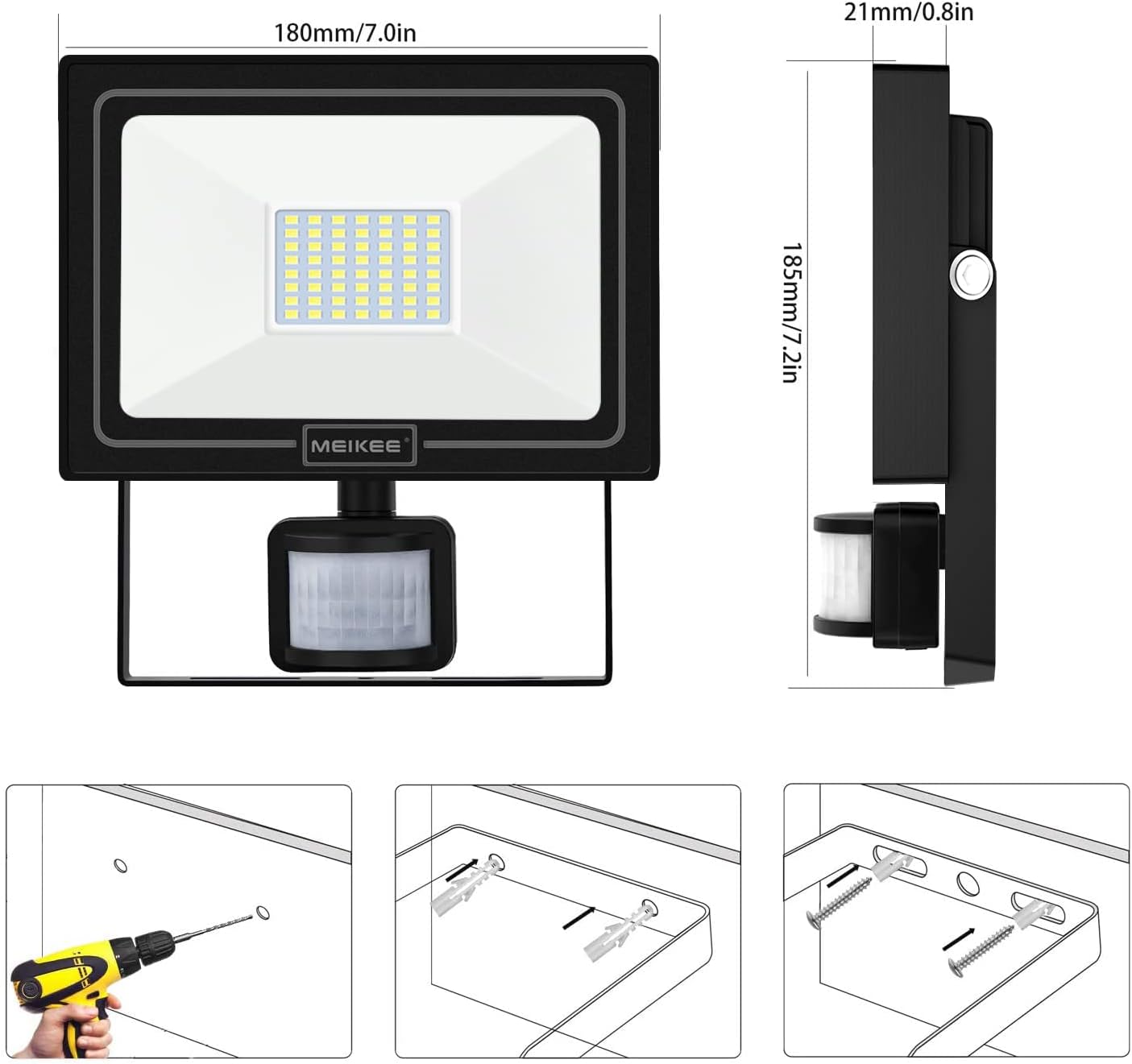 Installation steps and product dimensions for MEIKEE LED Flood Light
