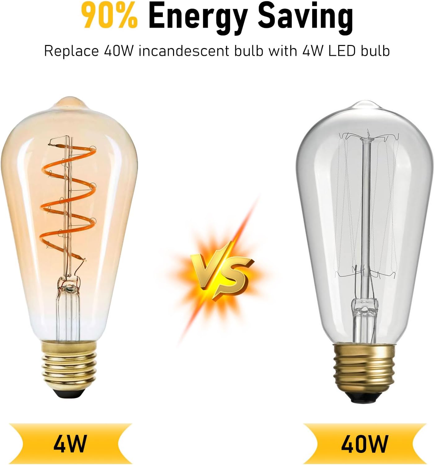 MLOQI 3 Pack E26 Vintage LED Light Bulb, 2200K, 4W, Dimmable Edison Light Bulb