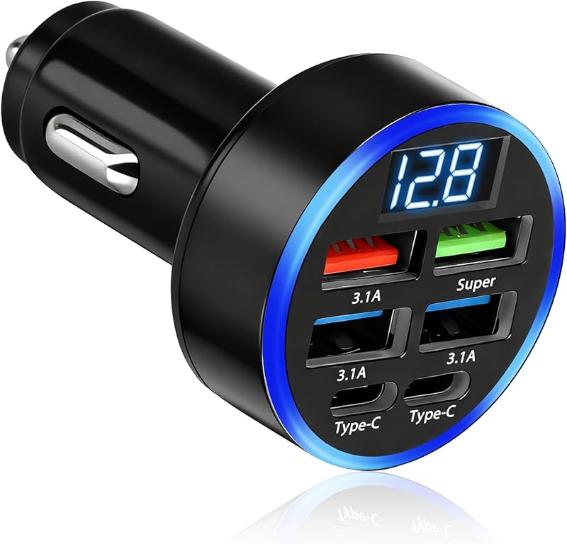 Allume Cigare USB Chargeur Voiture 50W, Prise Allume Cigare 12V-24V avec Écran LED, 2 Ports USB-C et 4 Ports USB-A, pour iPhone 16 15 14 13 12 11 Pro Max Mini Plus Samsung S38 Huawei iPad AirPods