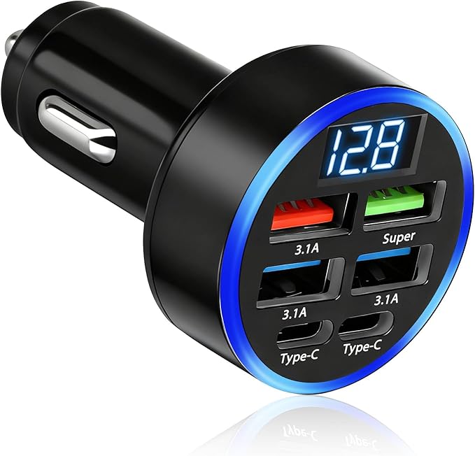 Allume Cigare USB Chargeur Voiture 50W, Prise Allume Cigare 12V-24V avec Écran LED, 2 Ports USB-C et 4 Ports USB-A, pour iPhone 16 15 14 13 12 11 Pro Max Mini Plus Samsung S38 Huawei iPad AirPods