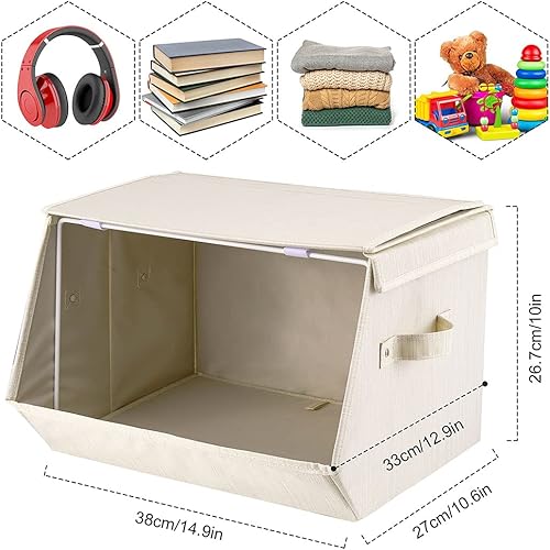 Miniatura 4 de i BKGOO Juego de 2 cubos de almacenamiento apilables, caja organizadora de almacenamiento plegable de tela de lino, con tapas y asas propias para el
