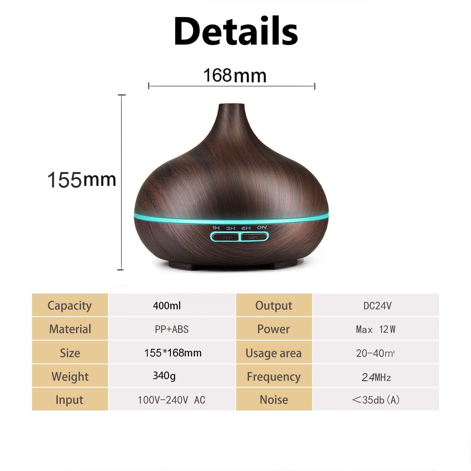 400ML Sypialnia Elektryczny Nawilżacz Aromaterapii Wood Grain z 7 Kolorami LED Light Cichy Bezwodny Dyfuzor Aromaterapii Dyfuzory Oleju Zapachowego (Czarny)