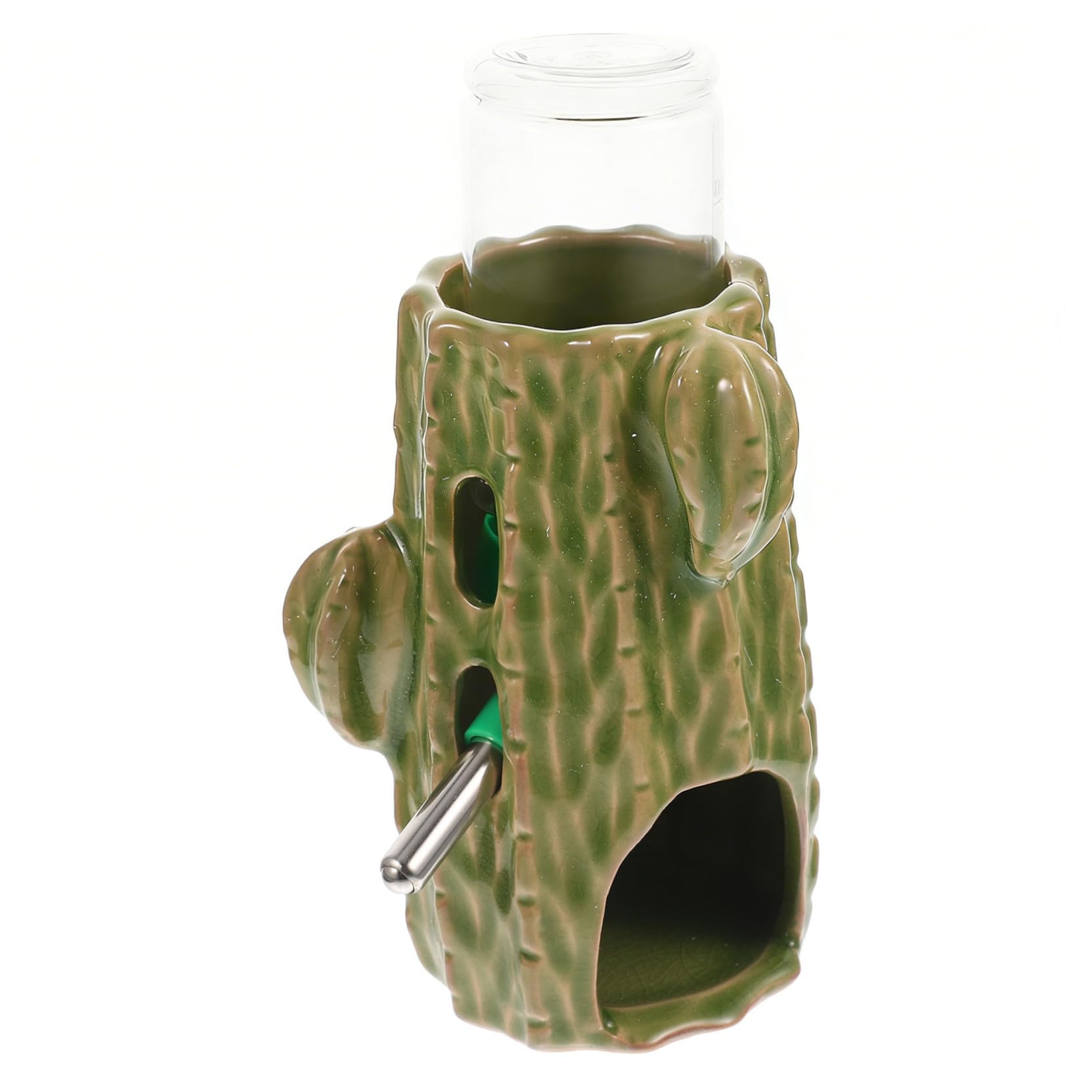 ABOOFAN Keramik Hamster Wasserflasche 80ml mit Grünem Cactus Design und Verstellbarem Ständer Vertikale Chinchilla Tränke für Kleintiere und Meerschweinchen