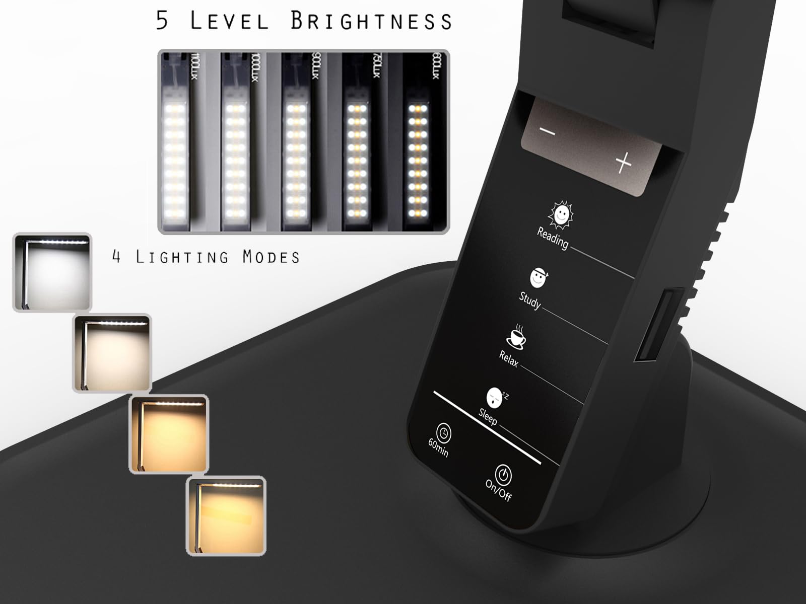 MAGIC LEAVES Schreibtischlampe, dimmbares LED-Leselicht mit einstellbarer Beleuchtung, 5 Helligkeitsstufen, 4 Lichtfarben und USB-Ladeanschluss, Tischlampe (Klavierschwarz)