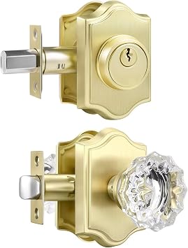 Leydebong 1 Pack Gold Crystal Glass Door Knob & Deadbolt Lock Set - Keyed Alike, Heavy Duty Entry Door Knob & Single Cylinder Deadbolt Combo for Front Doors, Offices, Satin Brass Finish