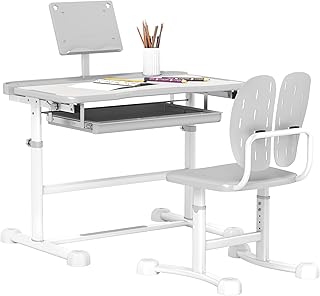 AIYAPLAY Kids Desk and Chair Set, Height Adjustable School Study Table Chair Set with Tilted Desktop, Storage Drawer, Book Stand, for Writing Reading, kids Aged 3-12 Years, Grey