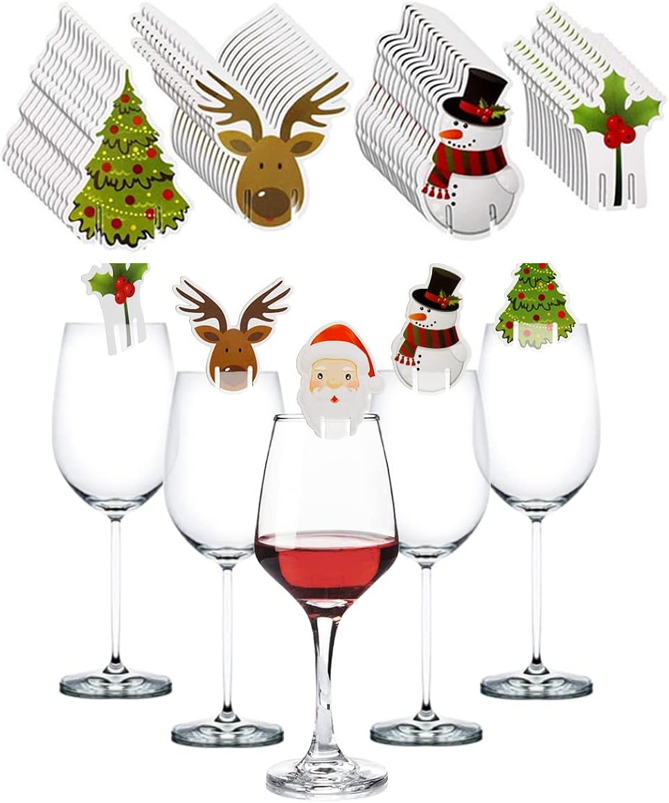 60 Pcs Christmas Wine Glass Markers Santa Claus Snowman Tree Wine Charms Wine Glass