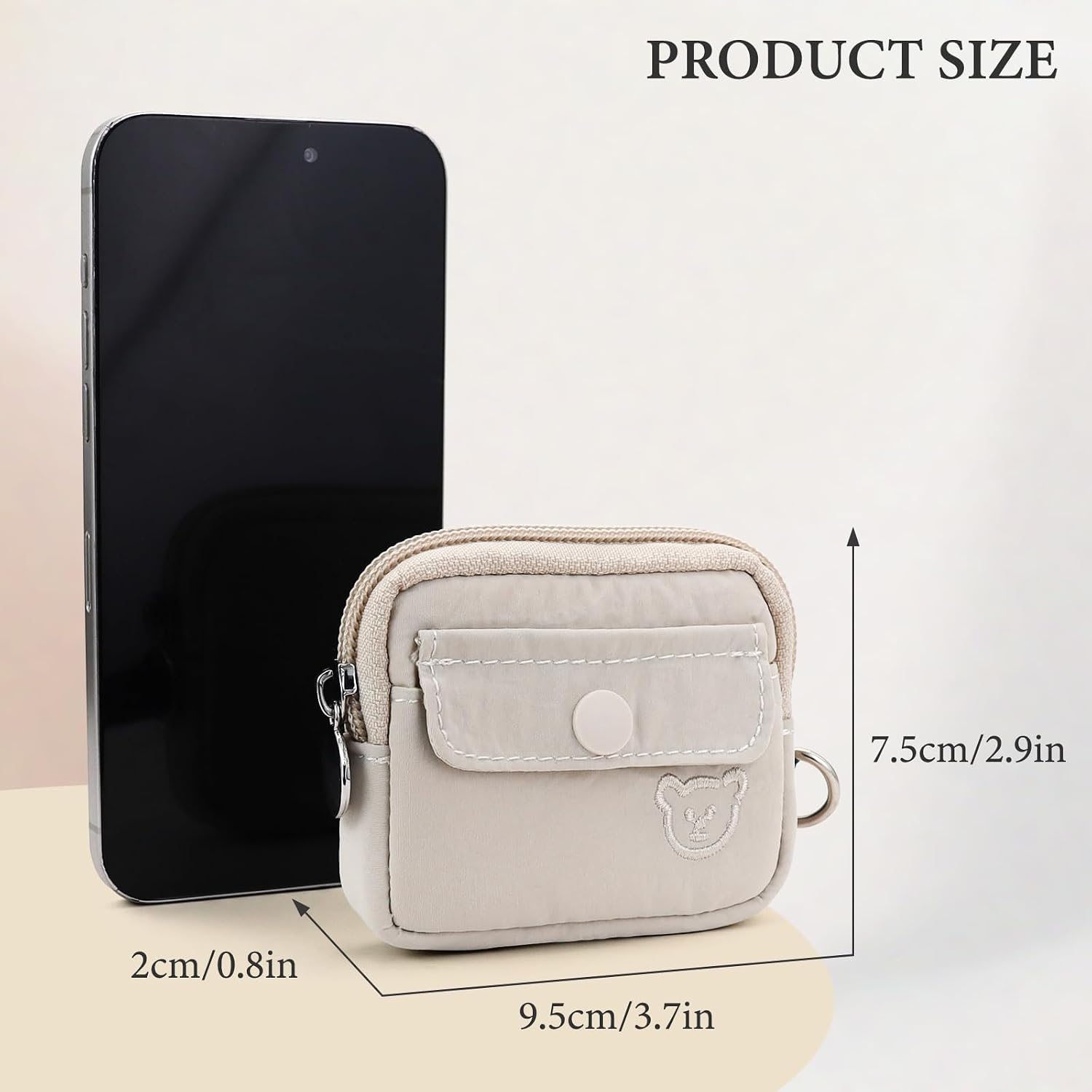 Coin Purse, Portable Change Purse Cute Mini Change Wallet with Zipper and Snap Small Wallet for Women (Beige)