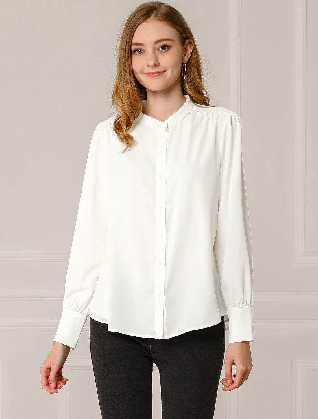 Allegra K Haut de bureau boutonné à manches longues et col mandarin pour femme