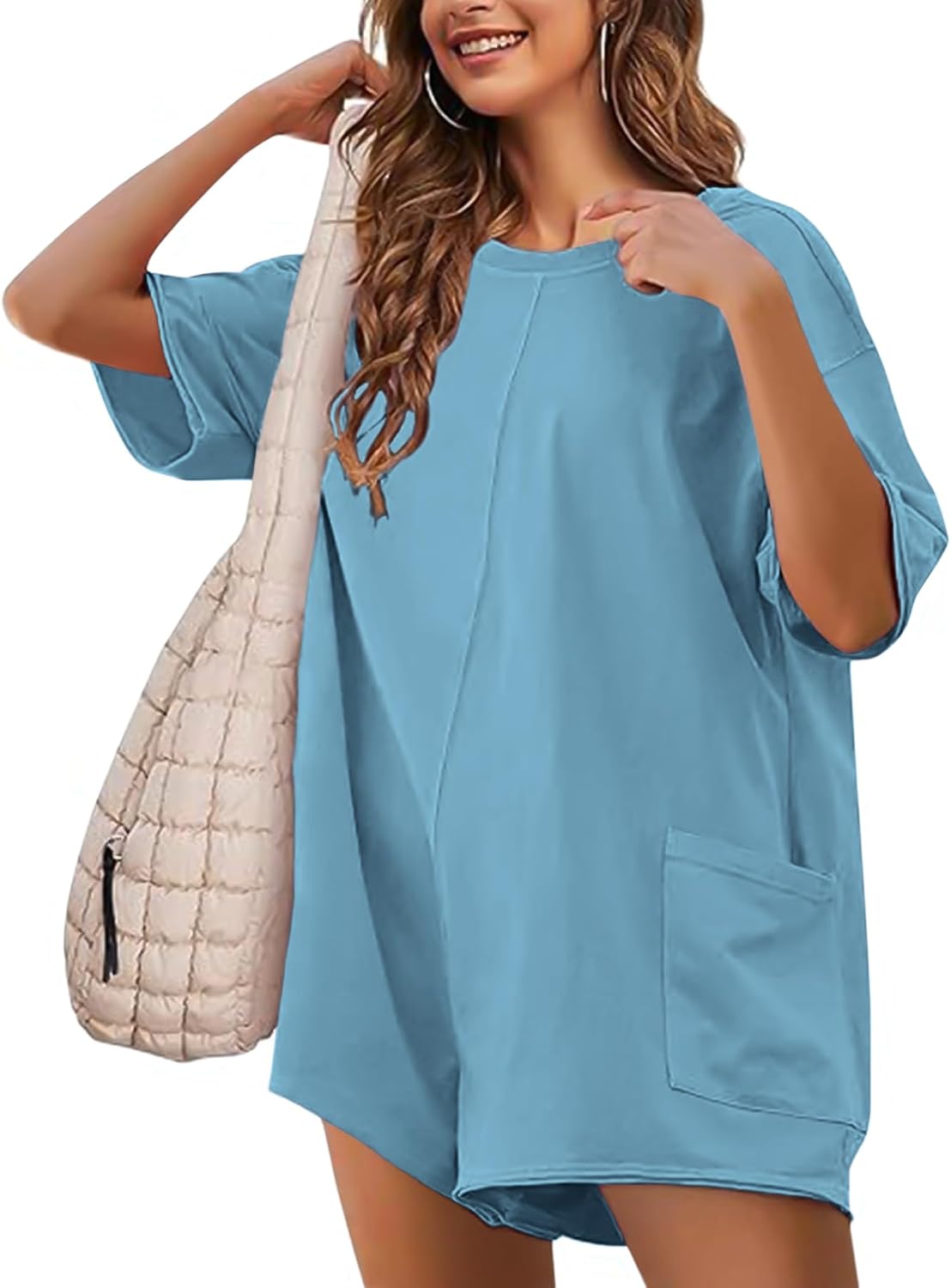 NTSWZYS Rompers for Women Casual Oversized Athletic Jumpsuits Short Sleeve Workout Overalls Hot Shot Tee Romper with Pockets